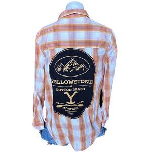 Yellowstone Dutton Ranch Plaid Western Shirt SMALL Oversize Upcycle Unique Gold